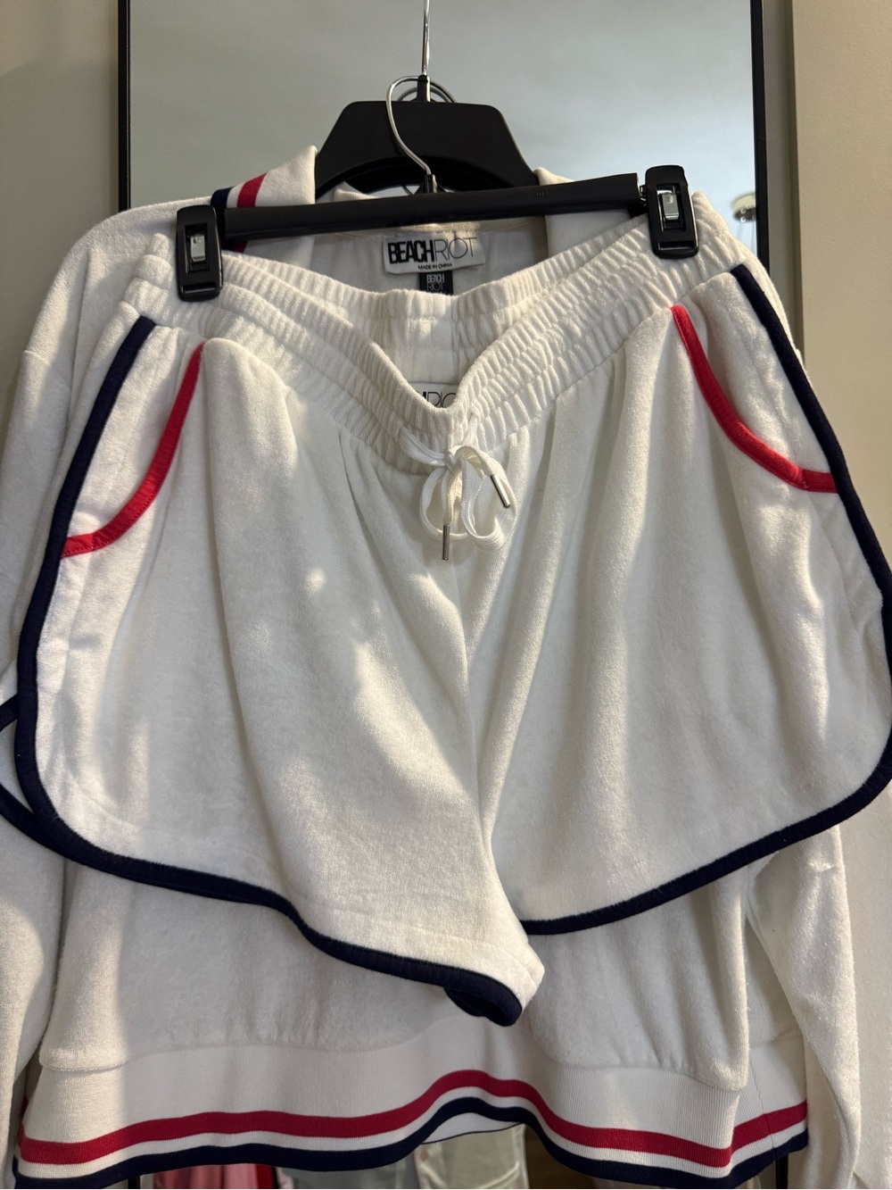 Beach Riot White Terry Athletic Shorts with Navy & Red Trim